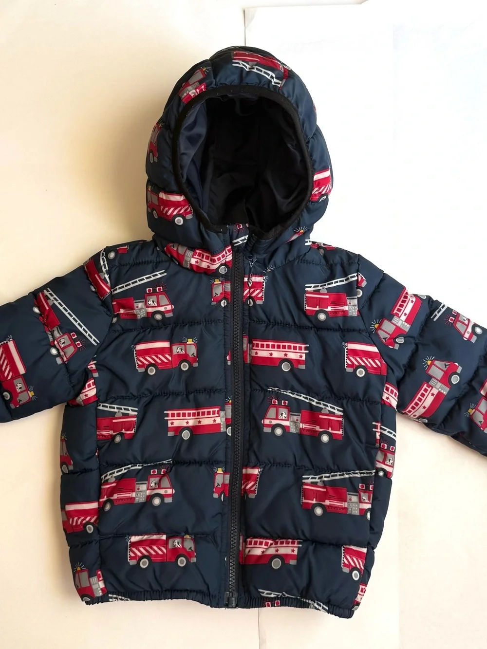 The Children’s Place Kids Navy Puffer Jacket with Red Fire Truck Print